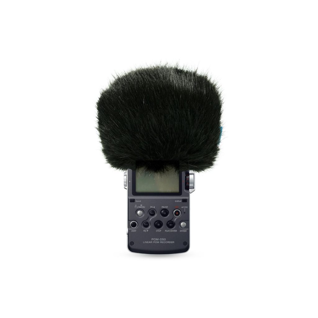 Sony PCM-D50 windcover with black synthetic fur covering recorder microphones