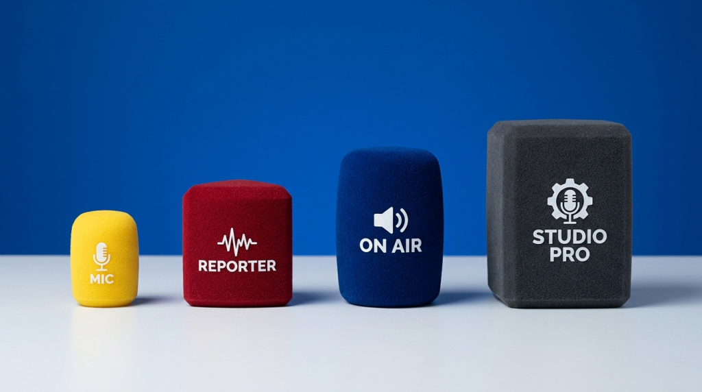 Four flock-coated foam windshields arranged smallest to largest — yellow, red, blue, charcoal — each with contrasting white logo, on studio surface with purple backdrop