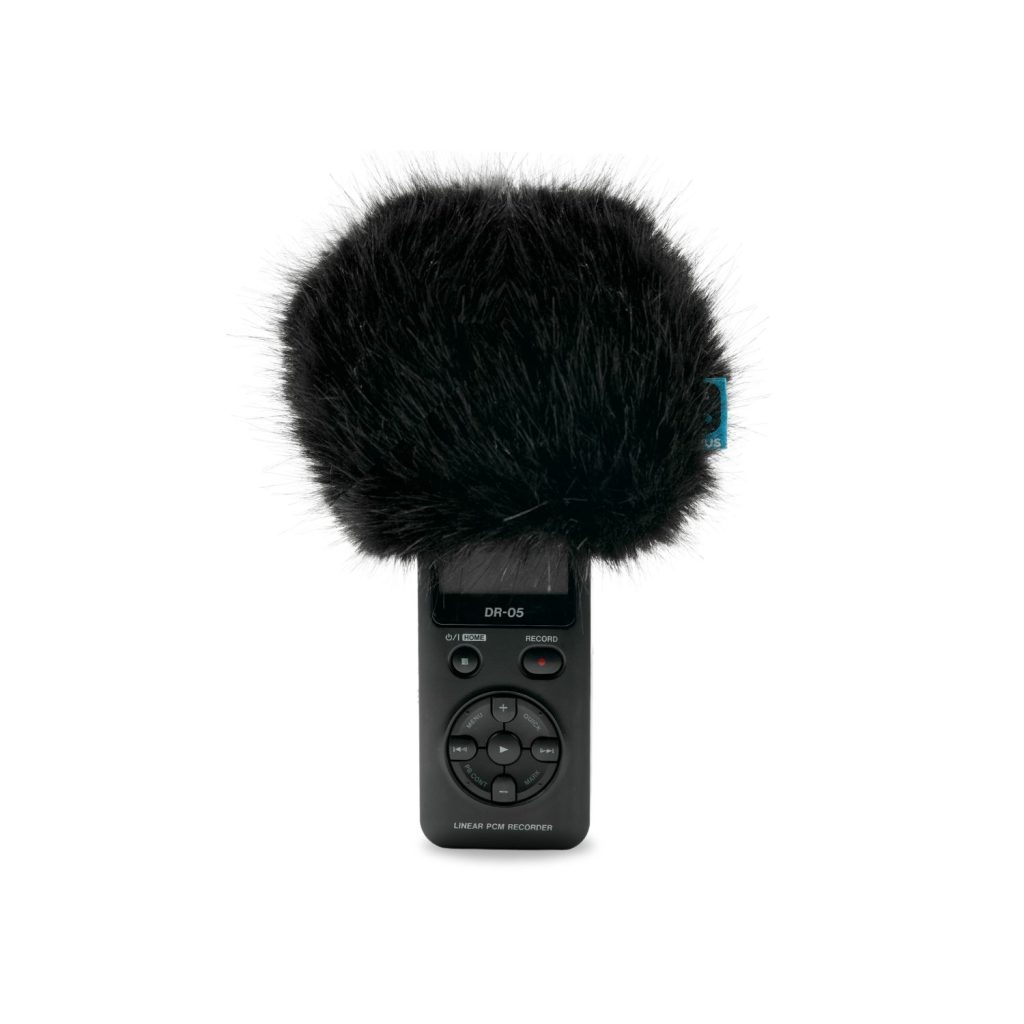 Tascam DR-05X windcover with black synthetic fur and elastic grip base