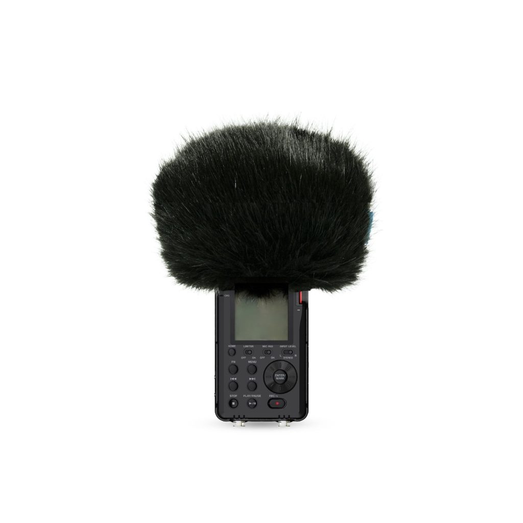 Black synthetic fur windcover fitted on Tascam DR-100MKIII recorder