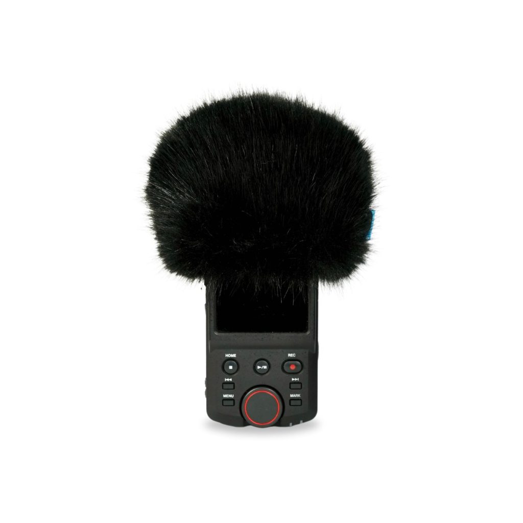 Black synthetic fur mini windcover fitted on Tascam Portacapture X6 recorder
