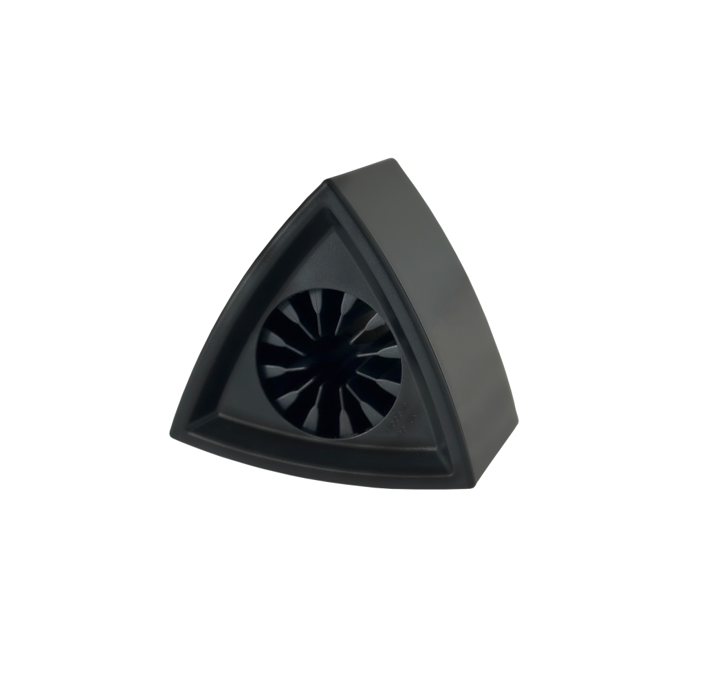 Black triangle mic flag showing three-sided design with convex surfaces
