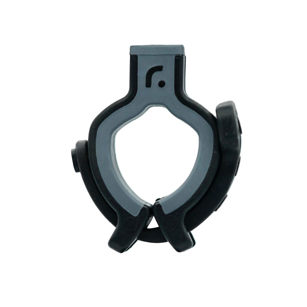 Close-up view of RAD universal mic clips with dark grey soft grip coating