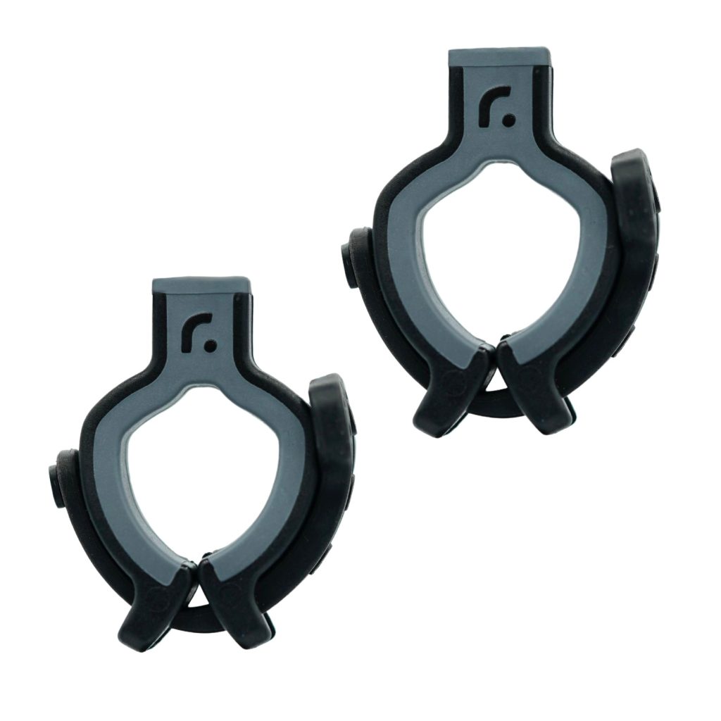 Pair of dark grey RAD universal mic clips showing soft grip interior coating