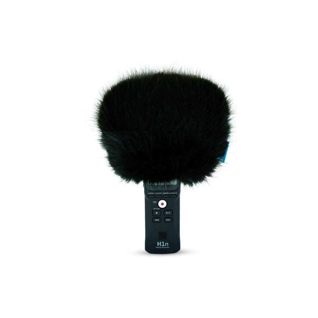 Zoom H1n-VP mini windcover displaying foam-lined construction and black acoustic fur exterior