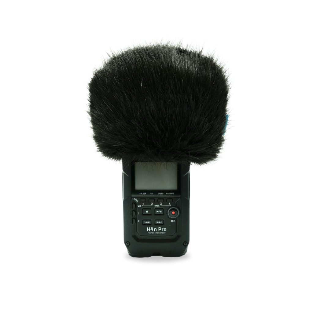 Black synthetic fur windcover fitted over Zoom H4n Pro recorder microphones