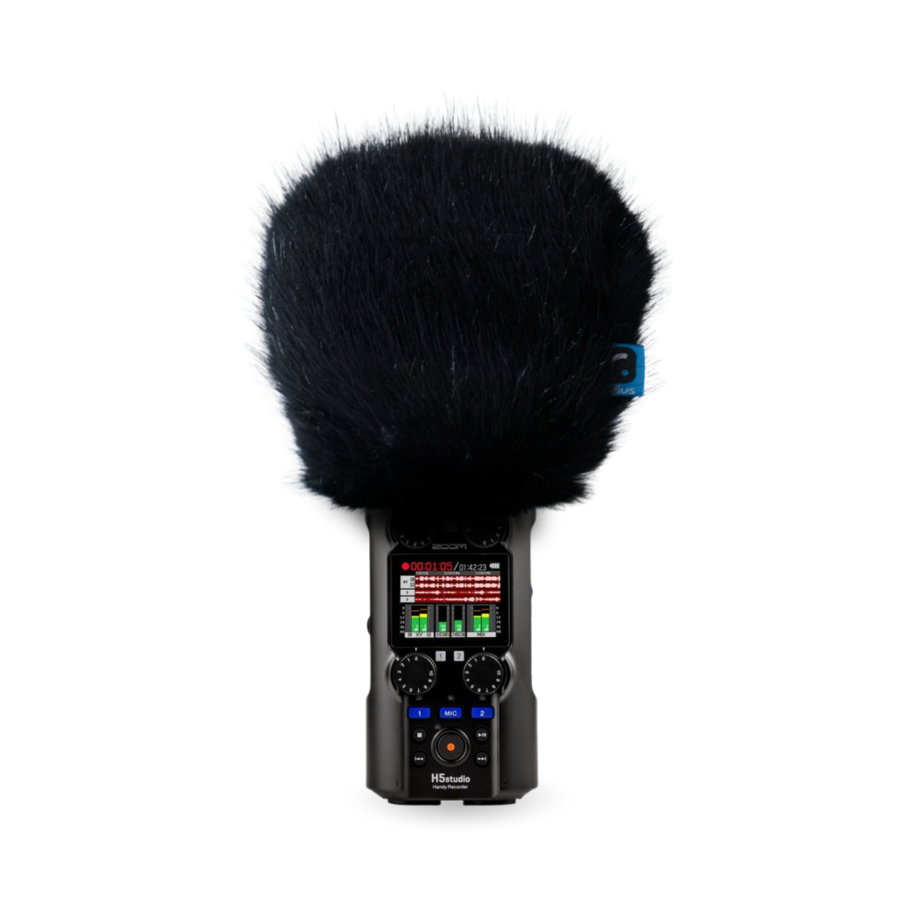 Zoom H5 Studio mini windcover with black synthetic fur covering recorder microphones