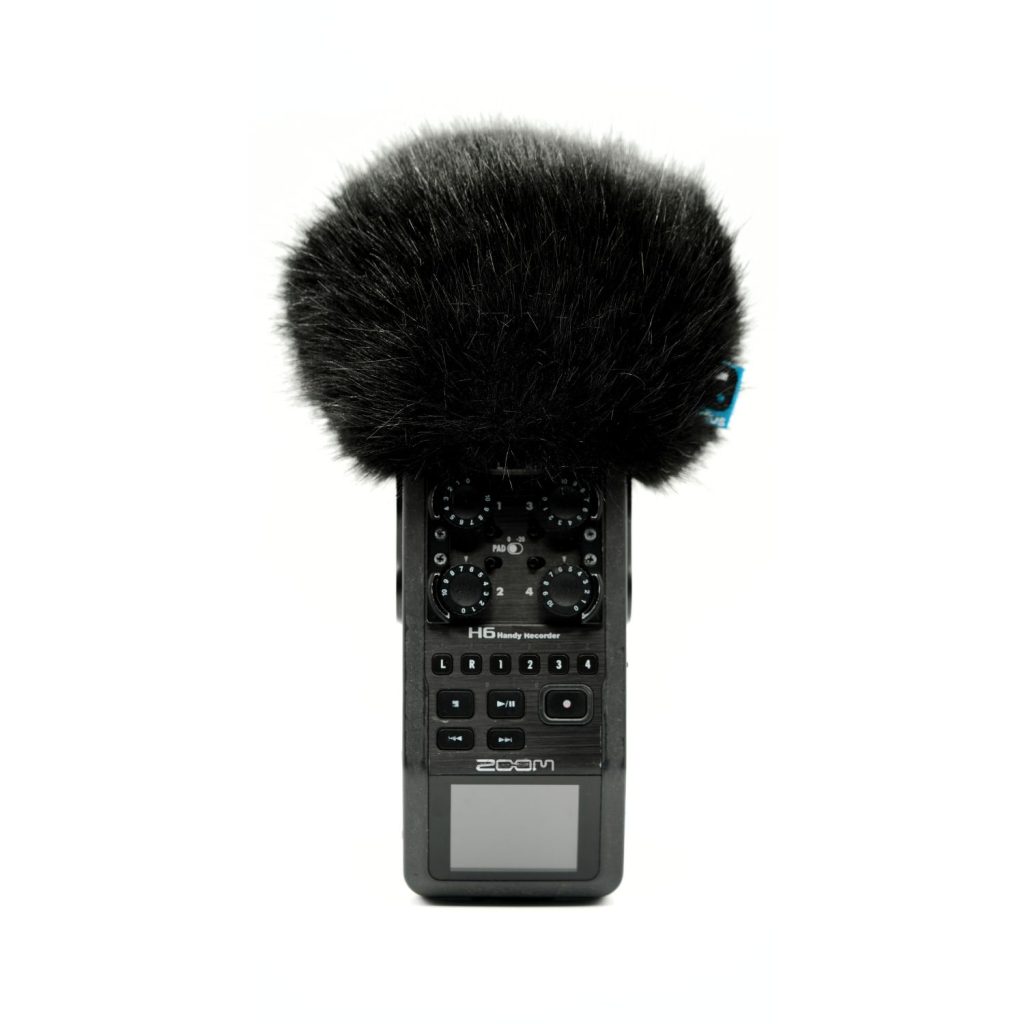 Black synthetic fur mini windcover for Zoom H6 recorder showing elastic base construction