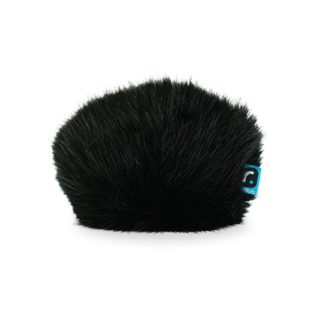 Black synthetic fur mini windcover fitted on Zoom H8 recorder showing microphone coverage